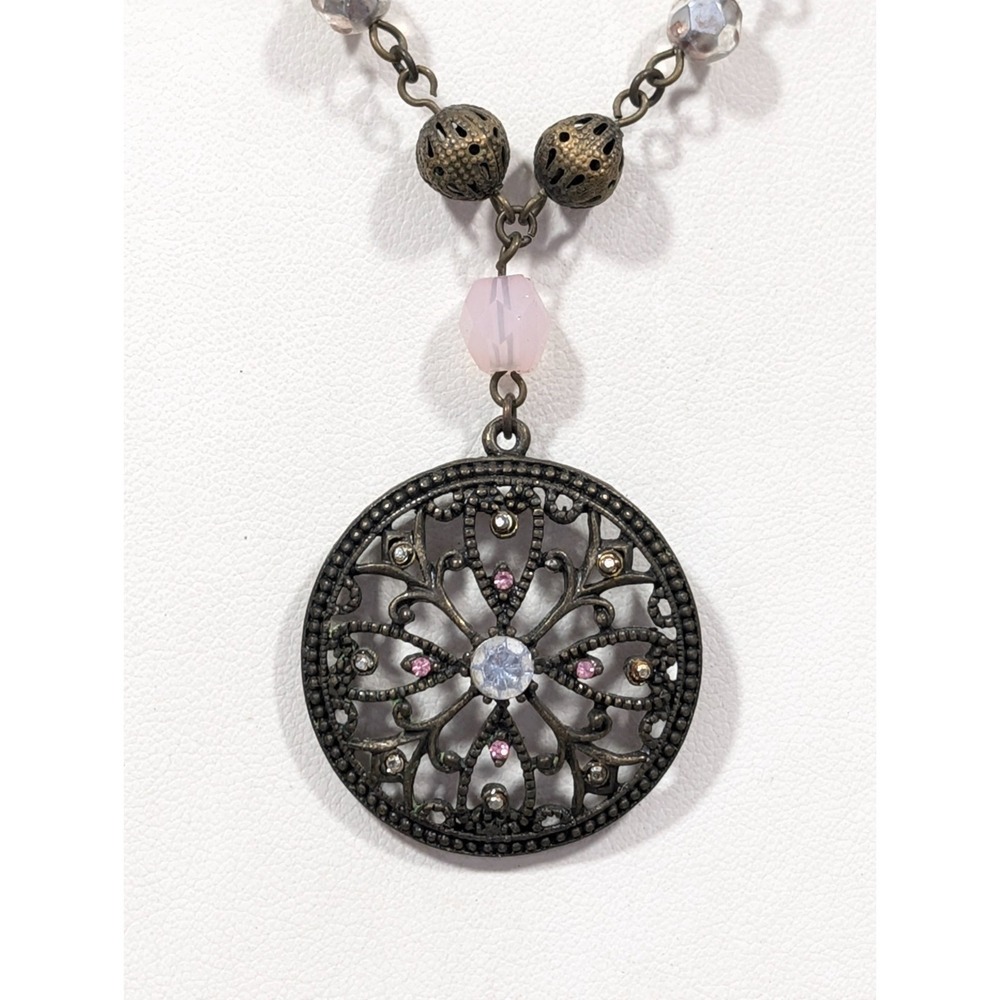 NYC Bronze Tone Round Medallion Pendant Pink Beaded necklace‎ Boho 18 in